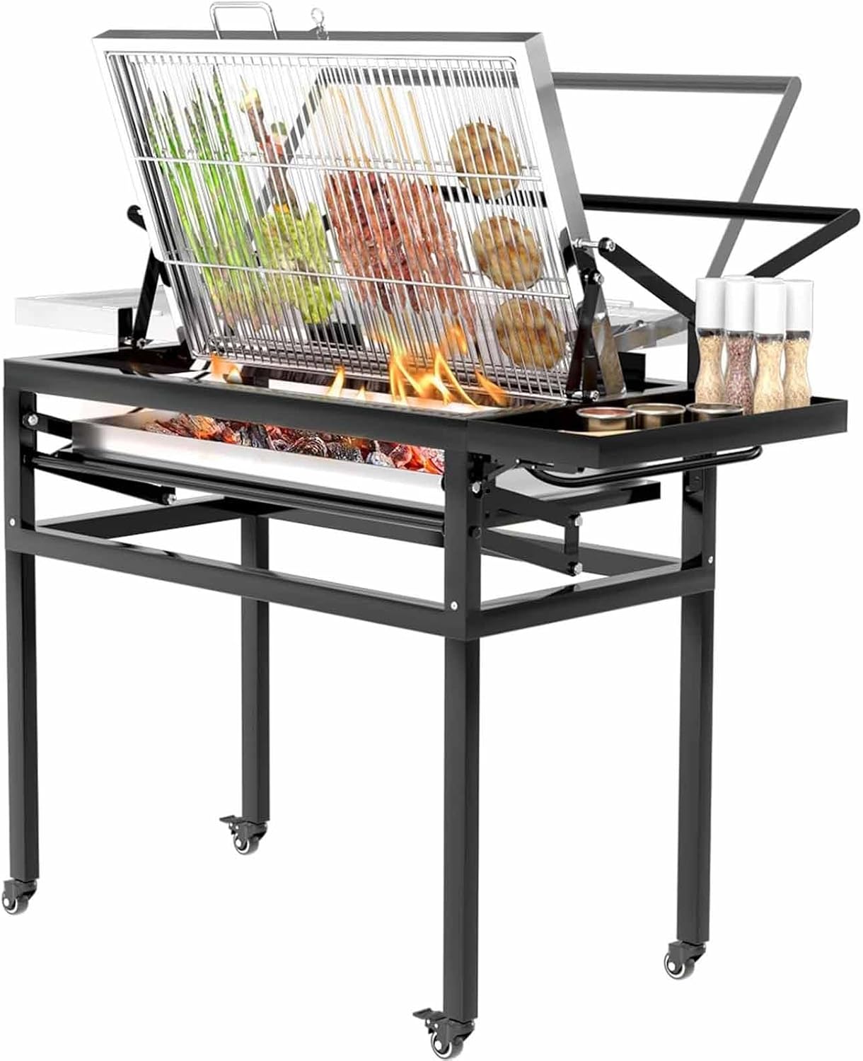 Portable Charcoal Grill,Rotating Barbecue Grill w/Wheels,Stainless Steel Cooking Grids,Adjustable Charcoal Tray,for Camping,Patio & Backyard Parties