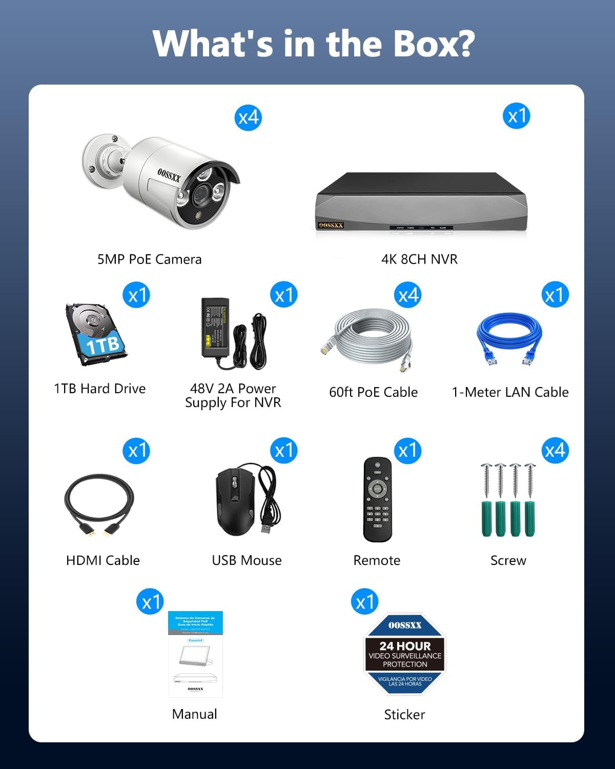 OOSSXX Outdoor Indoor PoE Camera Wired Home Security Camera System Video Surveillance IP Cameras with Audio 2.7K 5MP Super HD Resolution AI Human Detection