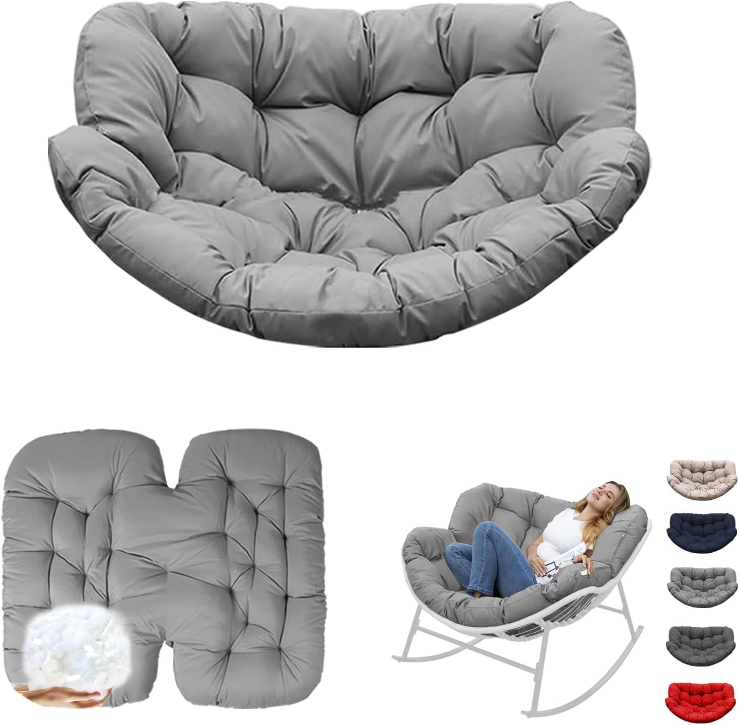 Thickened Waterproof Papasan Rocking Chair Cushion, 6.3'' Patio Egg Chair Pad with Ties, Outdoor/Indoor Rattan Hammock Cushions for Porch, Garden, Balcony(Only cushion no chair) (French Grey)