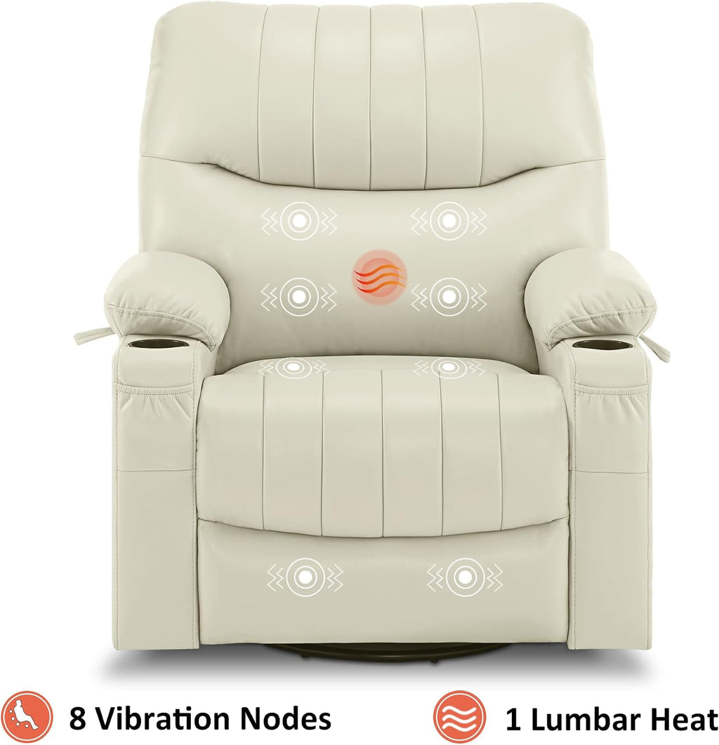 MCombo Oversized Swivel Glider Rocker Power Recliner Chair for Living Room with Heat and Vibration Massage, USB Ports, Cup Holders and Pockets, Faux Leather 7785 (Milk White)