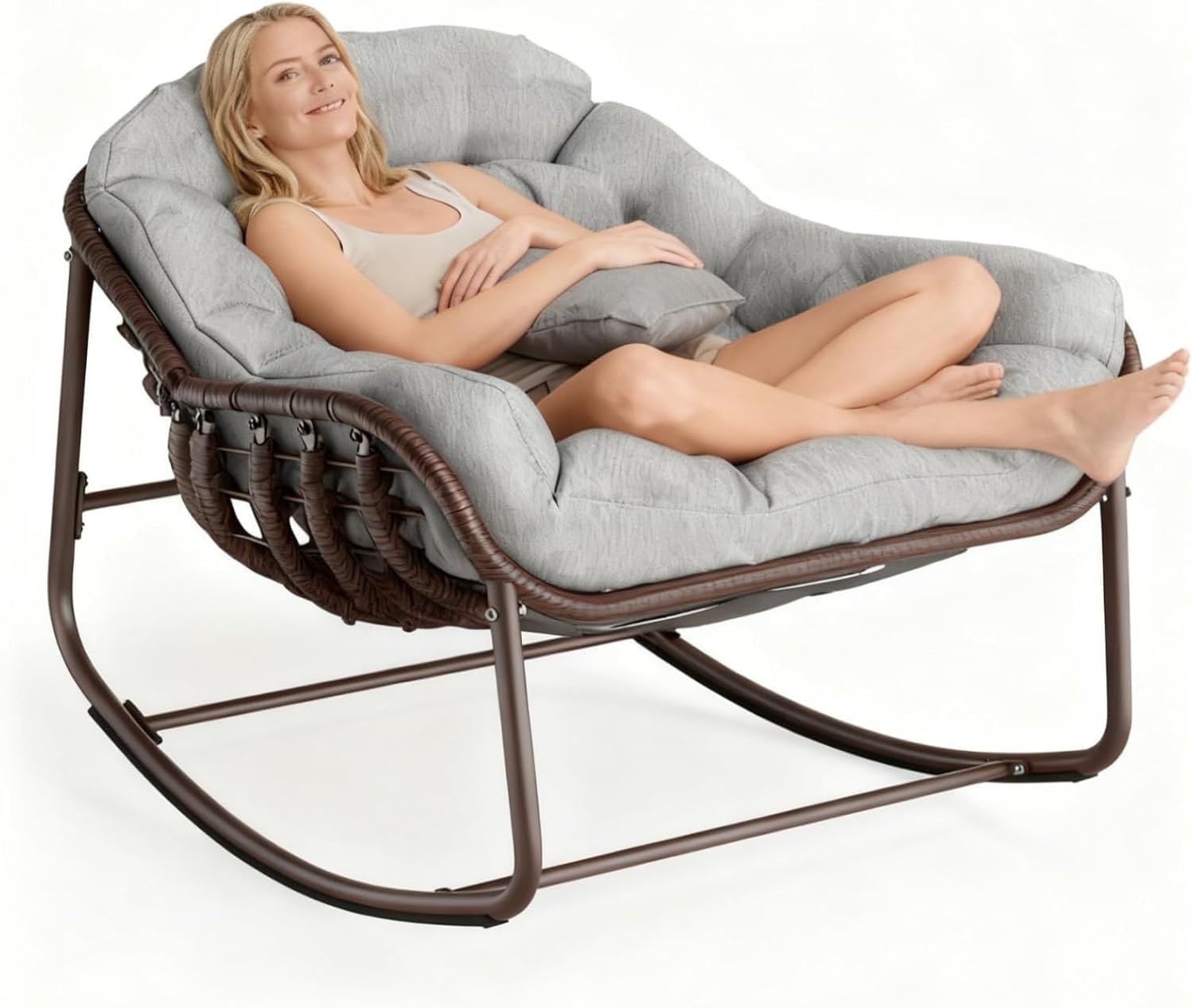 DEXSO Oversized Outdoor Papasan Rocking Chair - Metal Frame, Cushion & Wicker Rattan, for Balcony, Backyard, Porch, Bedroom (Grey)