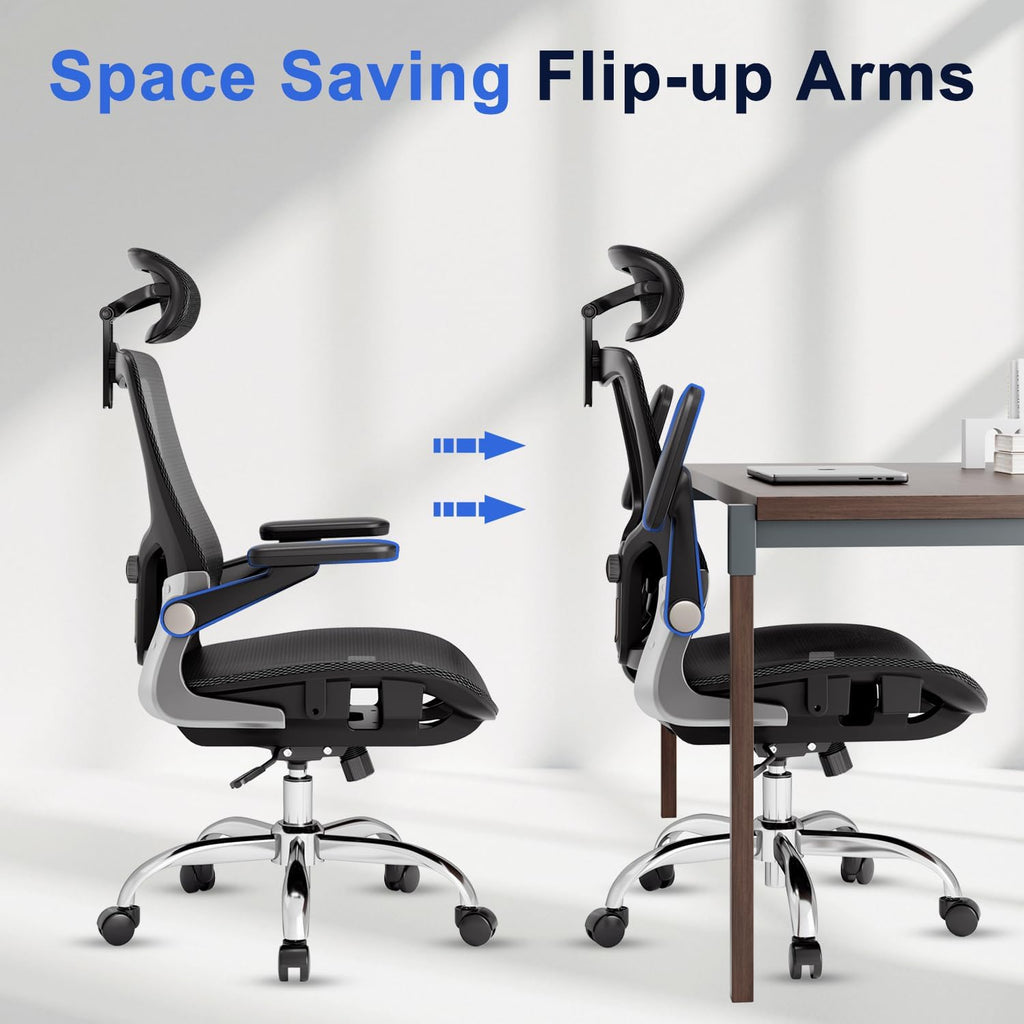 marrap Ergonomic Office Chair, Mesh Seat Cushion with 3D Armrests and 3D Headrest, Adjustable Lumbar Support with 90-120° Rocking Function for Home Office, Black