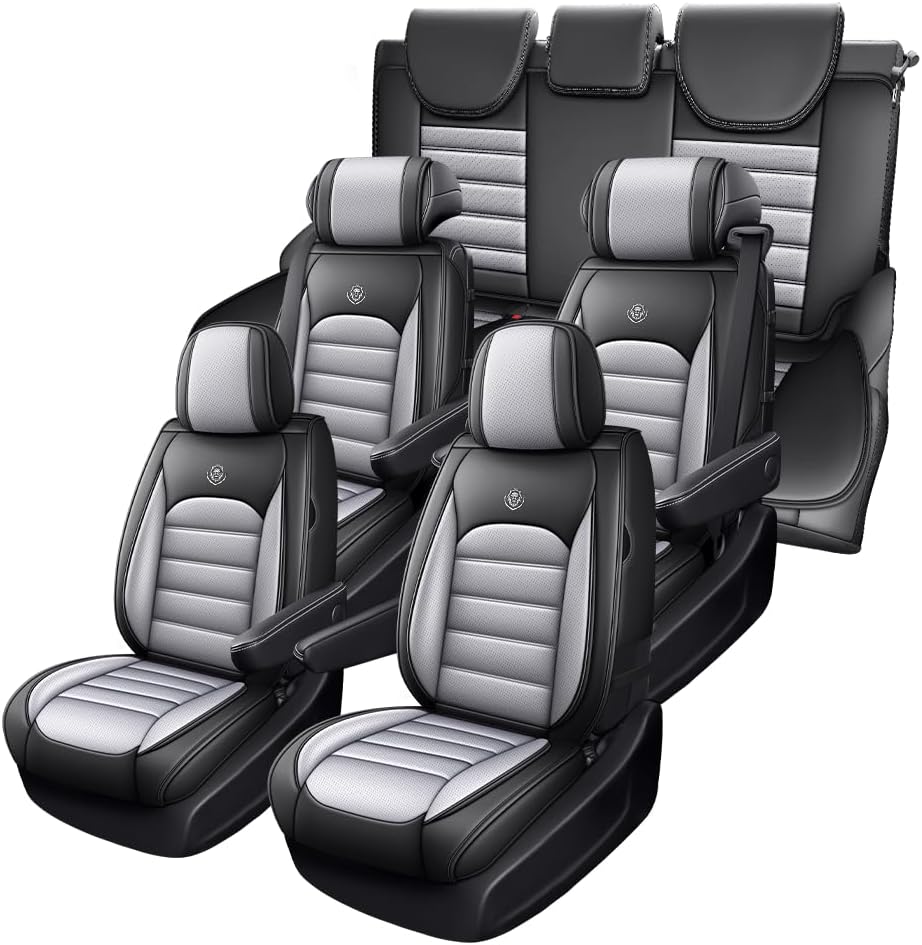 JOJ Car Seat Cover for Cadillac XT6 Seat Covers for Cars 2020-2026,Leather Waterproof Car Seat Covers Full Set,All Weather Tech Car Seat Protector,7 Seats Black Gray