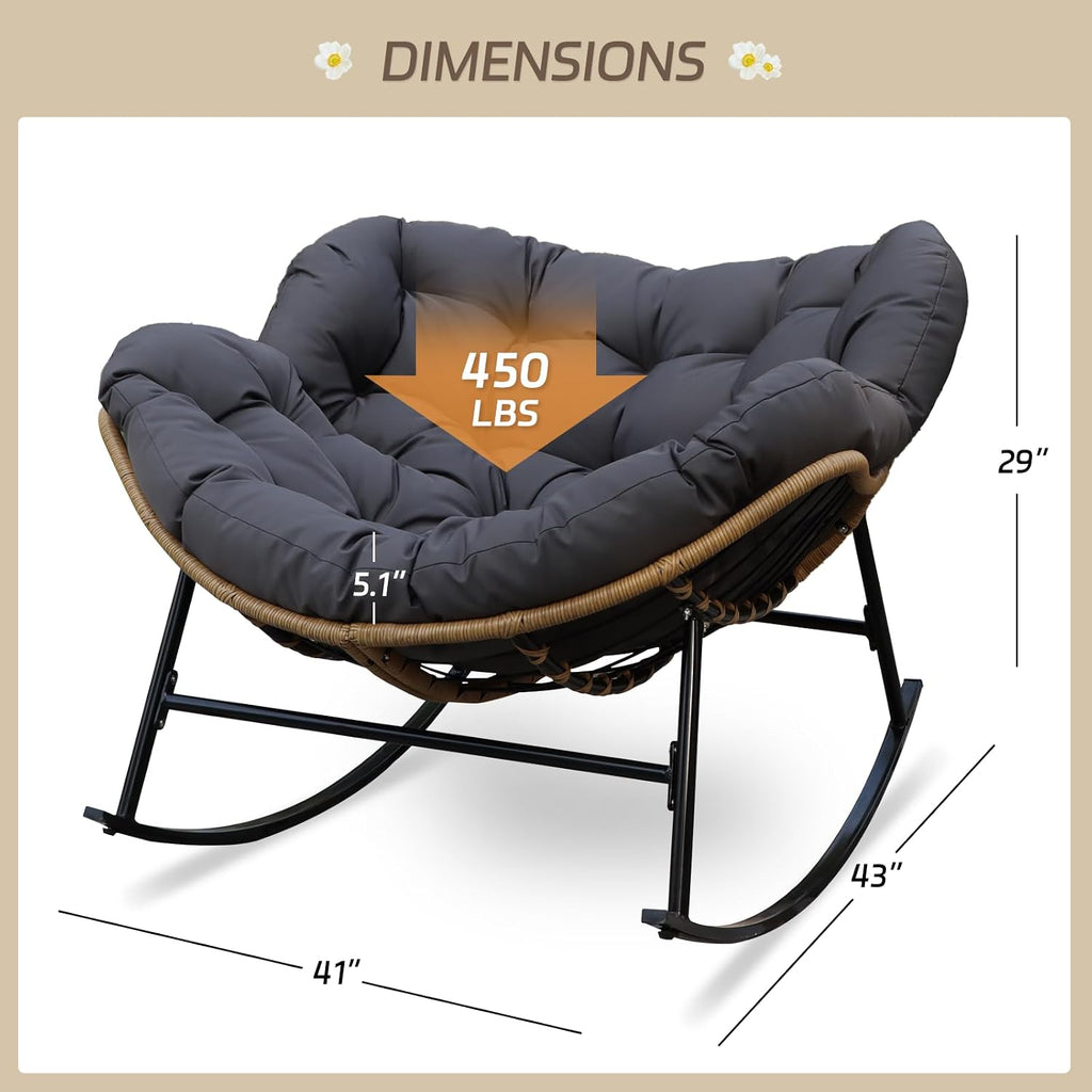 BULEXYARD Oversized Patio Egg Chairs for 2 Person, Double Papasan Rocking Chair with Cushion, 450 Lbs Heavy Duty, PE Wicker Comfy Recliner, Indoor Outdoor Papasan Rocker for Deck, Livingroom, Gray