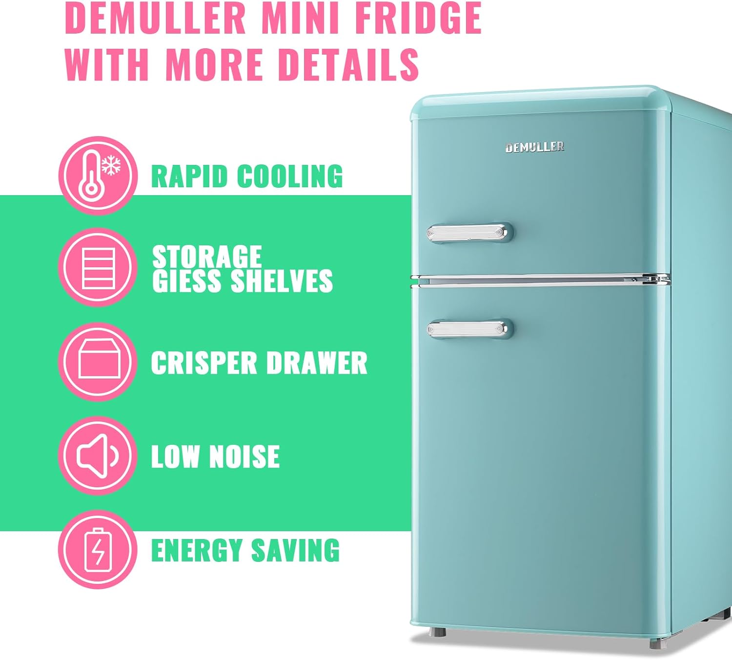 DEMULLER Retro 3.5 Cubic Feet Refrigerator with Top Freezer Two Doors & Two Handles Fridge with 7 Temperature Settings Spacous Capacity & Ideal Size Blue