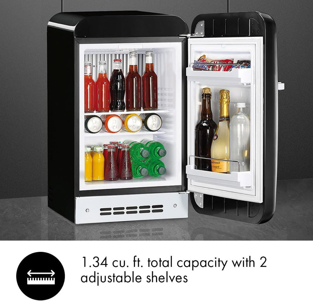 Smeg FAB5 16' 50's Retro Style Series Compact Cooler with 1.5 cu. ft. Capacity Automatic Defrost LED Interior Lighting and Adjustable Shelves Right Hand Hinge Made in Italy (Black)