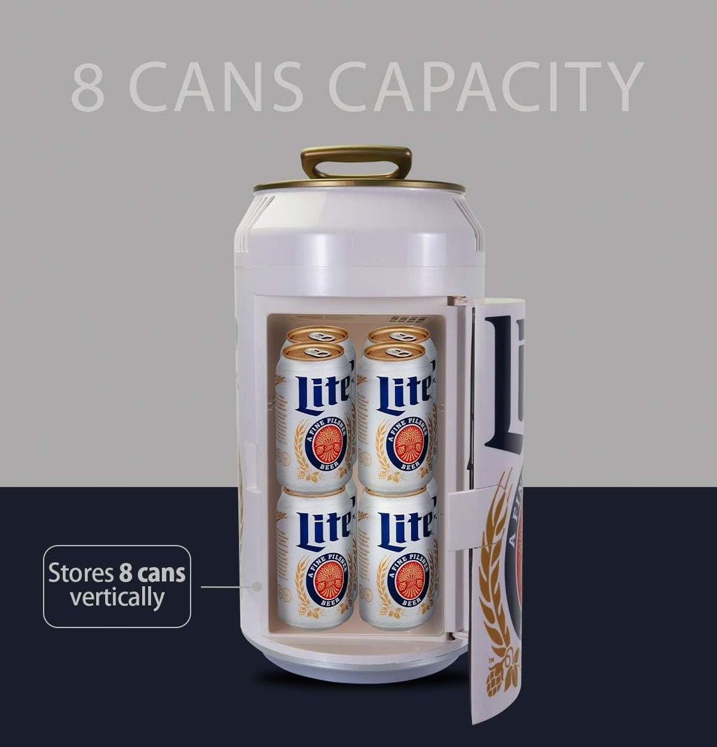 Miller Lite Mini Fridge - Refrigerator for Bedroom Office, Portable Table Top Beverage Cooler, 12V 110V Refrigerador For Drinks, Soda, Wines, Use In Car, Outdoor, Patio, 8 Can