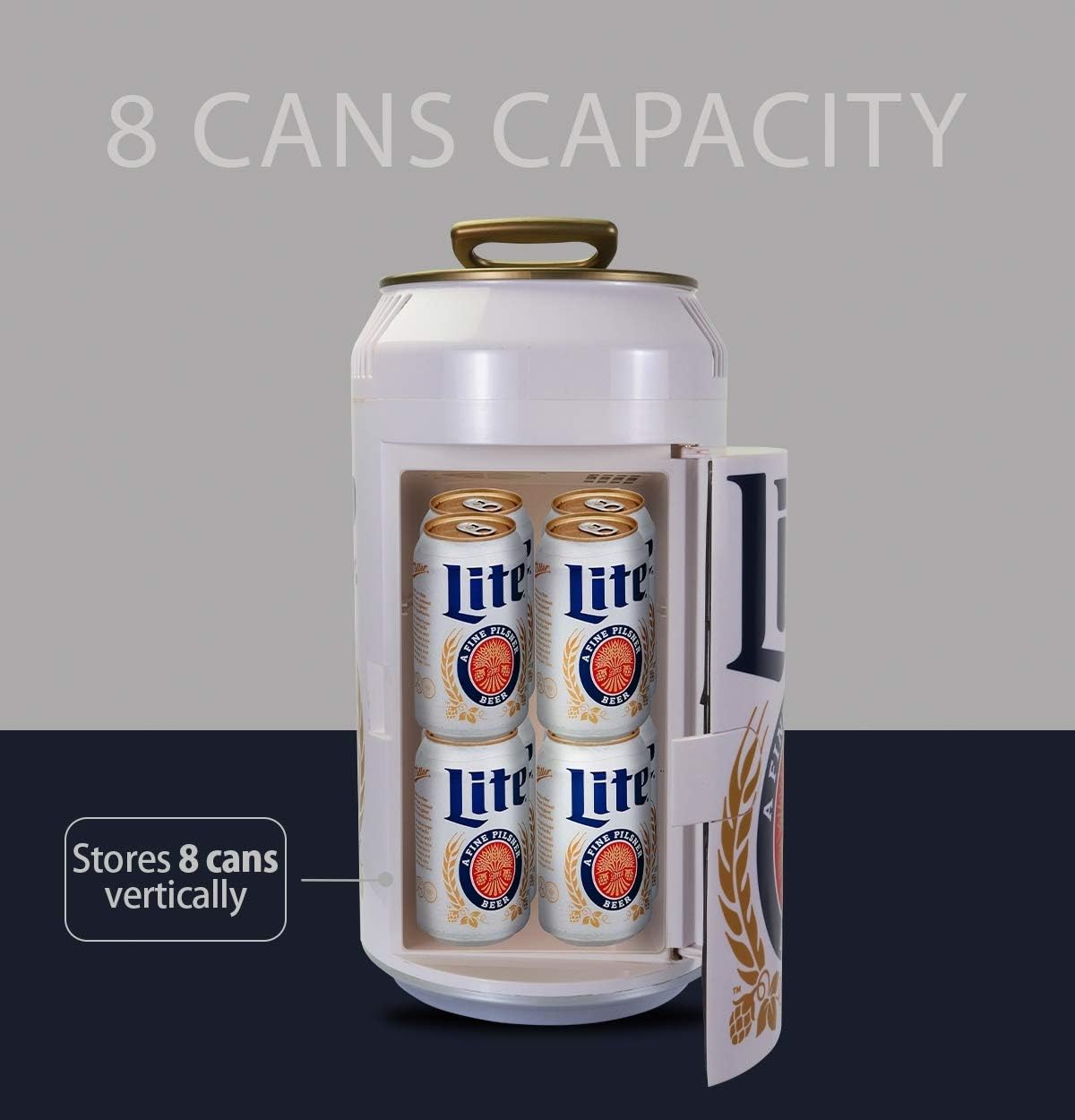 Miller Lite Mini Fridge - Refrigerator for Bedroom Office, Portable Table Top Beverage Cooler, 12V 110V Refrigerador For Drinks, Soda, Wines, Use In Car, Outdoor, Patio, 8 Can