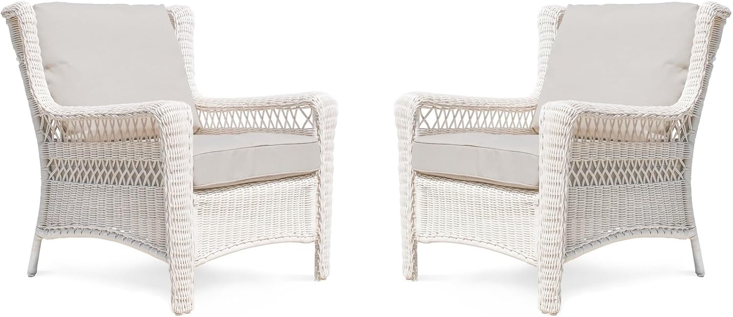 Park Meadow Outdoor Patio Wicker Armchairs Set of 2, All-Weather HDPE Rattan Chairs with Polyester Fabric Beige Cushions for Garden Porch Backyard Porch Lawn (Taupe Beige/Off-White)