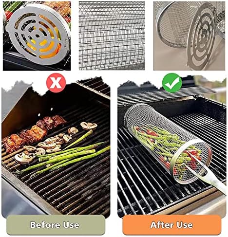 Grill Baskets, Rotating BBQ Basket, Heavy Duty Stainless Steel Rolling Grilling Nets, Barbecue Grill Baskets, Stainless Steel BBQ Rolling Basket for Camping or Backyard (12inch/31cm)