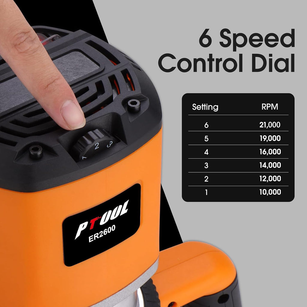 3.25HP/15A Router Motor, Soft Start, 6 Variable Speed from 10000 to 21000RPM, 1/2' Collet, 4.2' Diameter, 3-1/4 HP Industrial Router, Model PT-001M