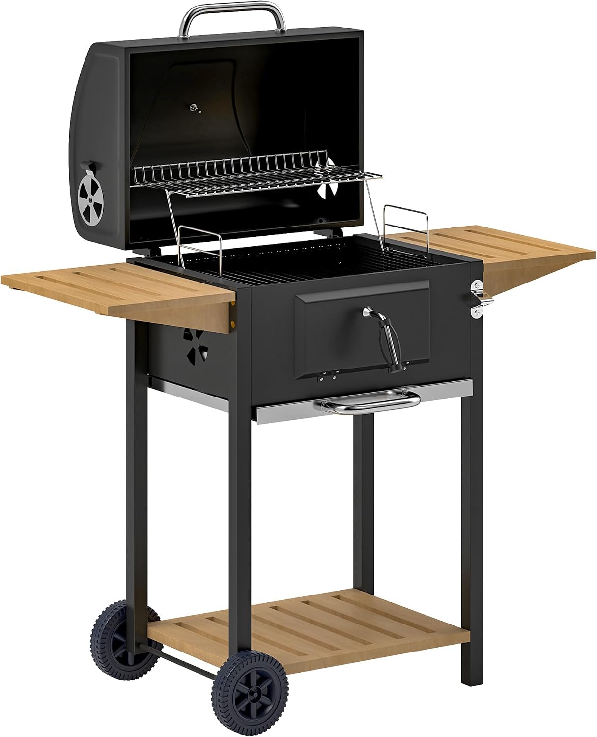 Portable Charcoal Grill with Adjustable Vents & Thermometer – 44' Heavy-Duty BBQ Grill with 3-Level Charcoal Pan, Wheels & Side Shelves – Backyard/Camping Grill (Black/Nature Wood)