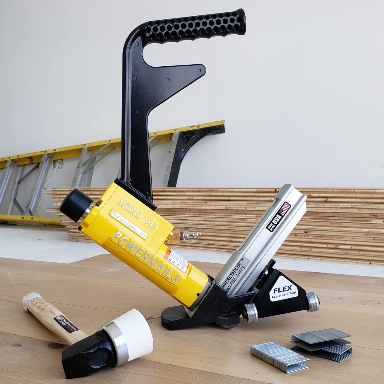 Powernail 445FSPRXLSW Pneumatic 15.5 Gauge Flooring Stapler with Flex Power Roller Adjustable Base