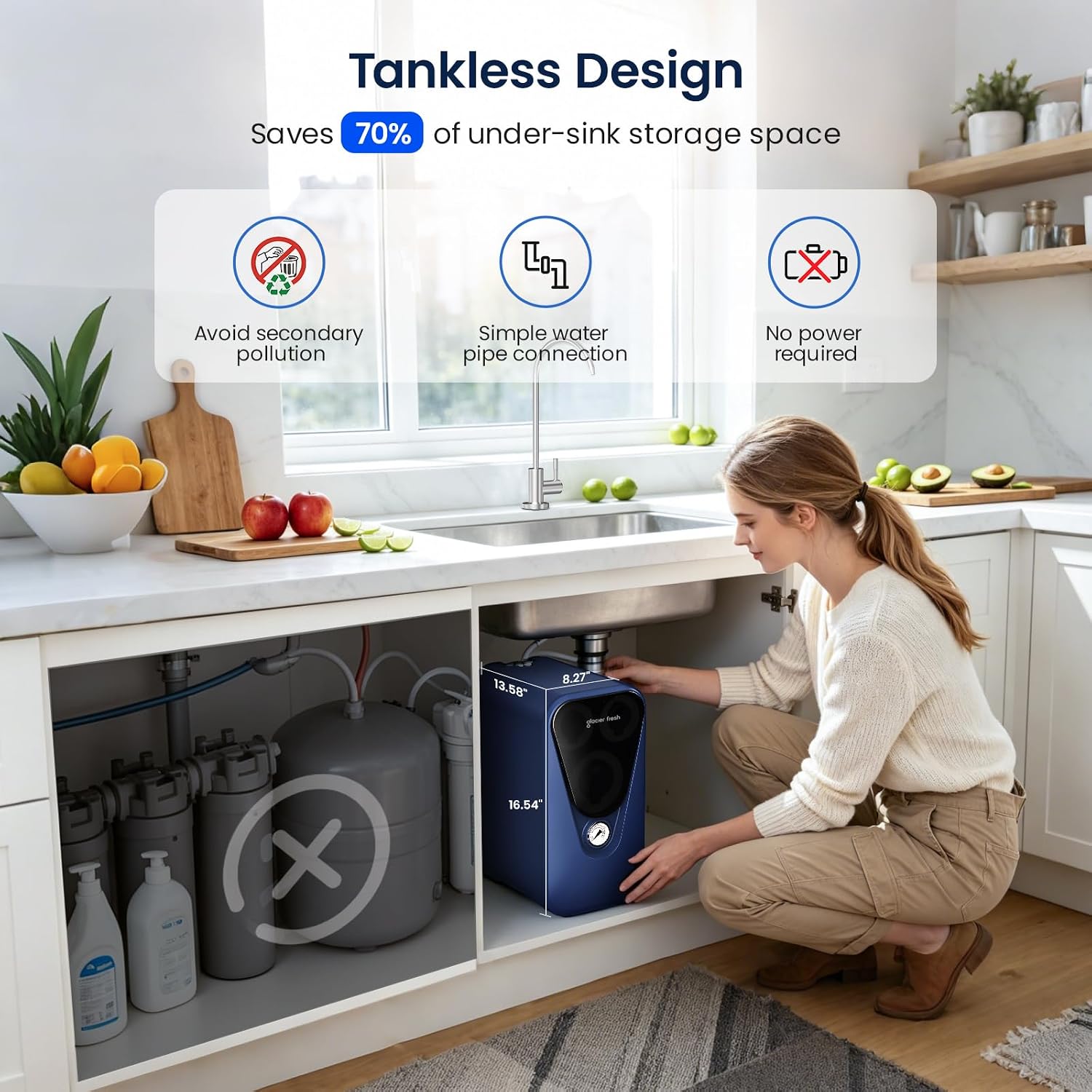 GLACIER FRESH GFU03 Reverse Osmosis System 800 GPD, No Electric/Noise, 3:1 Pure to Drain, 5-Stage Tankless Under-Sink Water Filter System, Filtration Accuracy 0.0001μm, for Any Under-Sink Setting