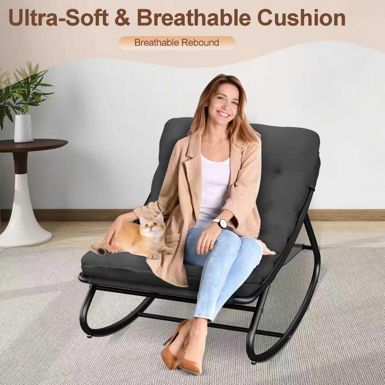 Outdoor and Indoor Rocking Chairs, Comfy Patio Chair, Rocking Chair with Ottoman and Sturdy Metal Frame, Balcony Chairs with Thickened Cushion, Silla Mecedora for Patio Porch Garden Living (Grey)