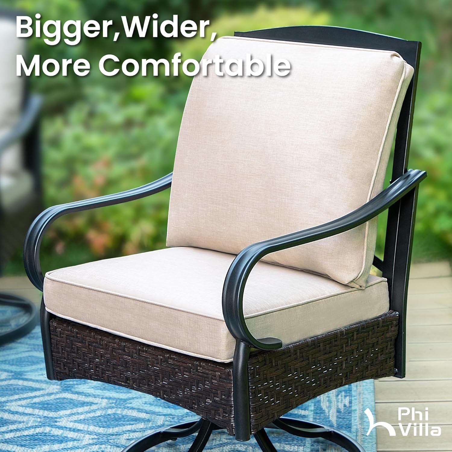 PHI VILLA Outdoor Swivel Chairs Set of 4, Heavy Duty Metal Wicker Dining Chairs with Cushions, Large All Weather Patio Seating Furniture for Porch, Deck, Backyard