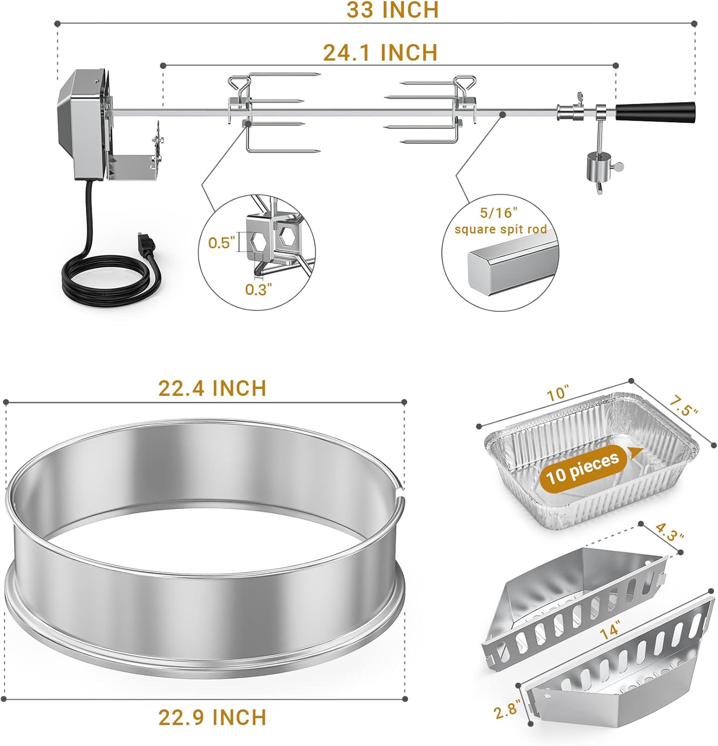 onlyfire Upgrade Stainless Steel Rotisserie Ring Kit for Weber 22-inch Kettle Charcoal Grills, Comes with Charcoal Baskets and 10 Pack Drip Pans