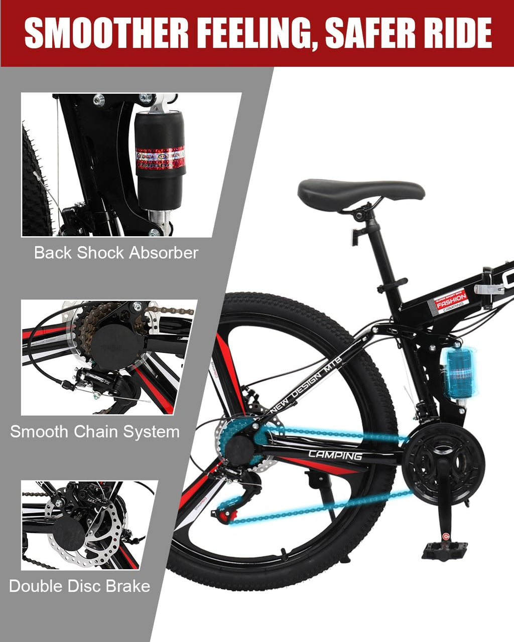Ktaxon Foldable Mountain Bike 26 Inch Bike 21-Speed Bikes for Adults with Cool Design, Powerful Mechanical Dual Disc Brakes, Double Shock Effect and Ergonomic Cushion