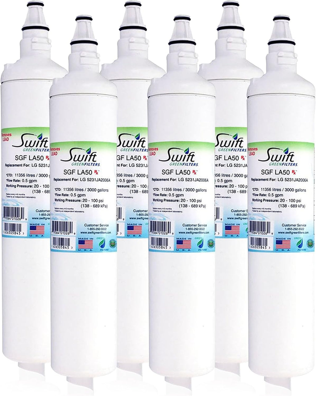Swift Green Filters SGF-LA50 Rx Compatible Refrigerator Water Filter for LT600P, 5231JA2006A, 46-9990, EFF-6003A, EFF-6004A, Made in USA (6 Pack)