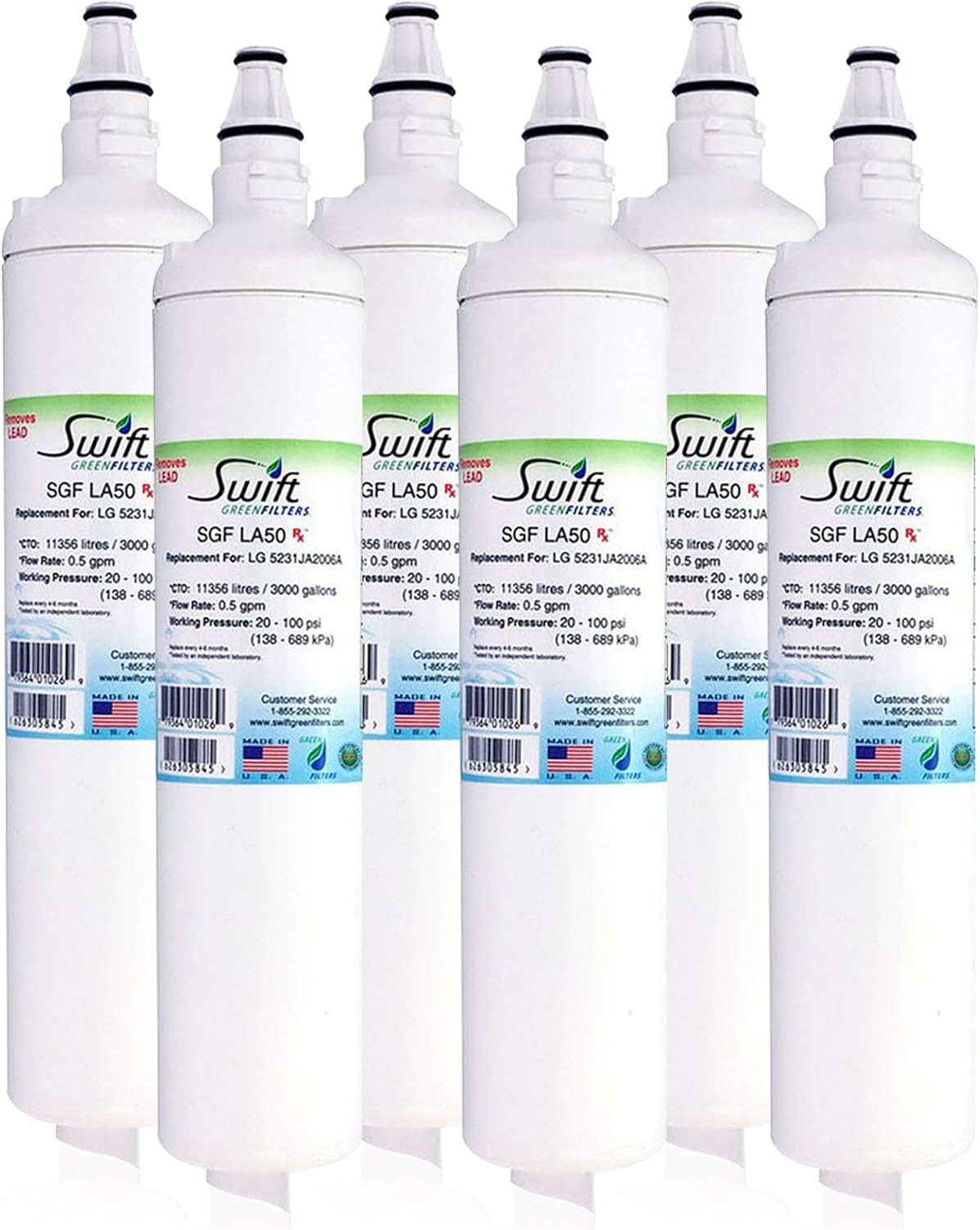 Swift Green Filters SGF-LA50 Rx Compatible Refrigerator Water Filter for LT600P, 5231JA2006A, 46-9990, EFF-6003A, EFF-6004A, Made in USA (6 Pack)