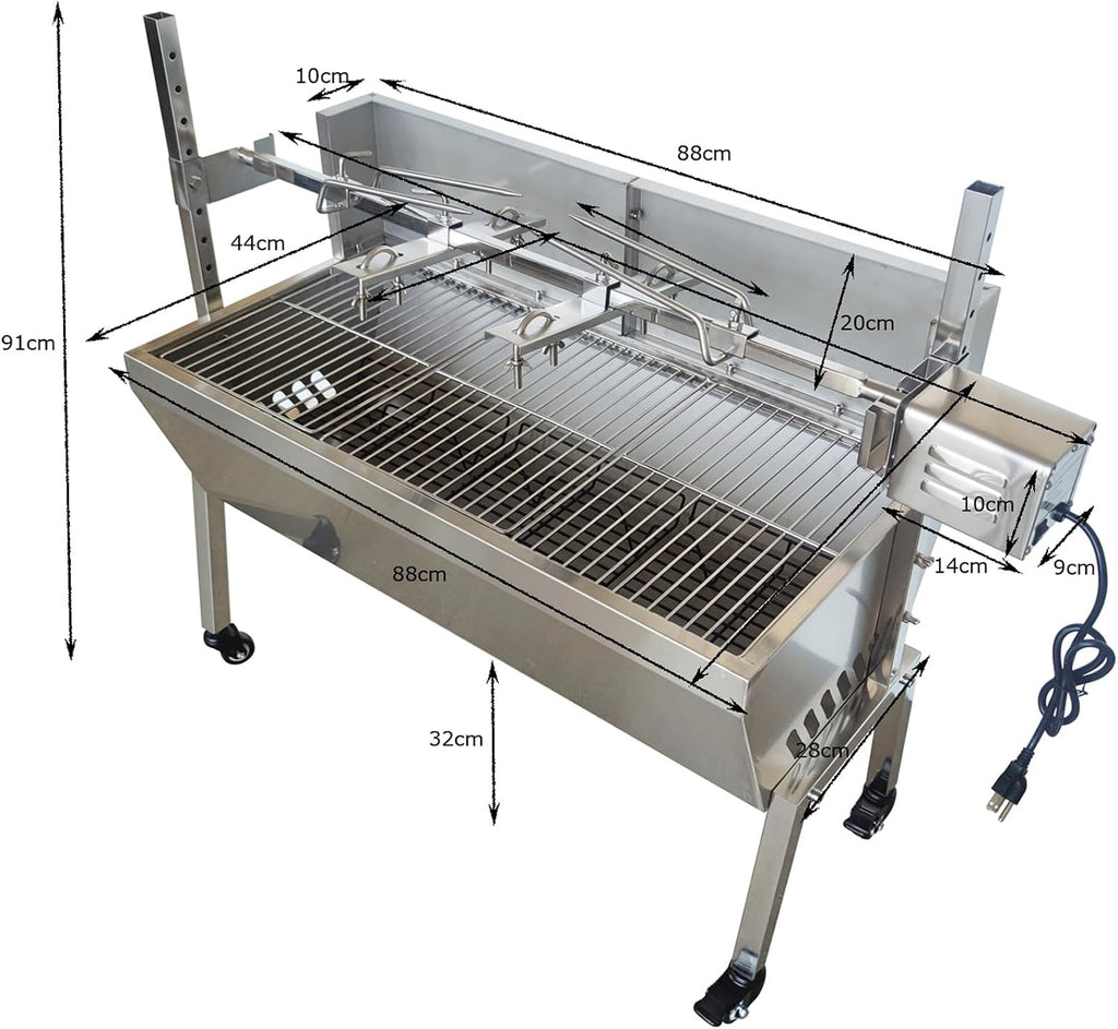 Rotisserie Charcoal Grill, Stainless Steel BBQ Grill with Adjustable Height, 35.4' Portable Grill for Outdoor Parties and Backyard Use 110V 15W