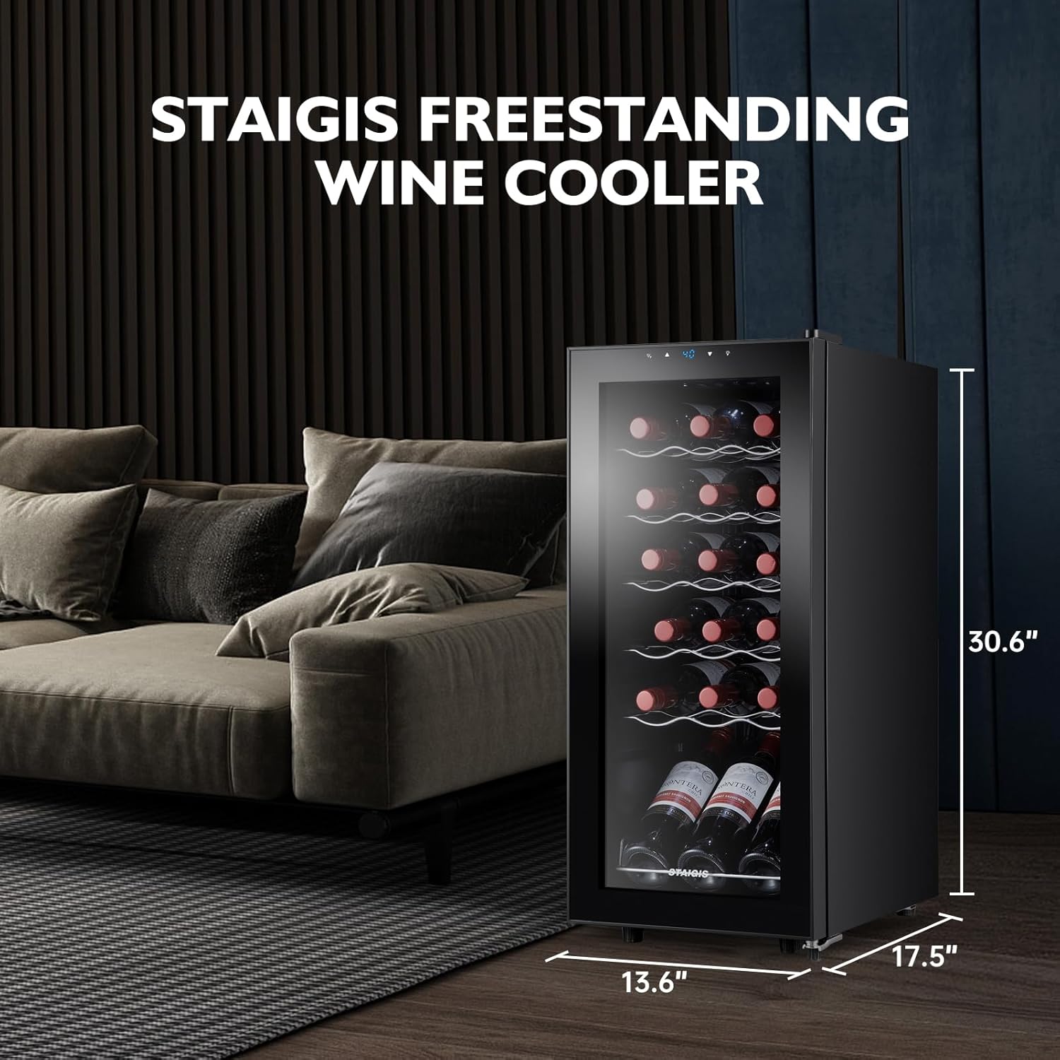 18 Bottle Mini Fridge, Freestanding Small Wine Cooler Refrigerator for Red and White with 40-66F Digital Temperature Control and Glass Door