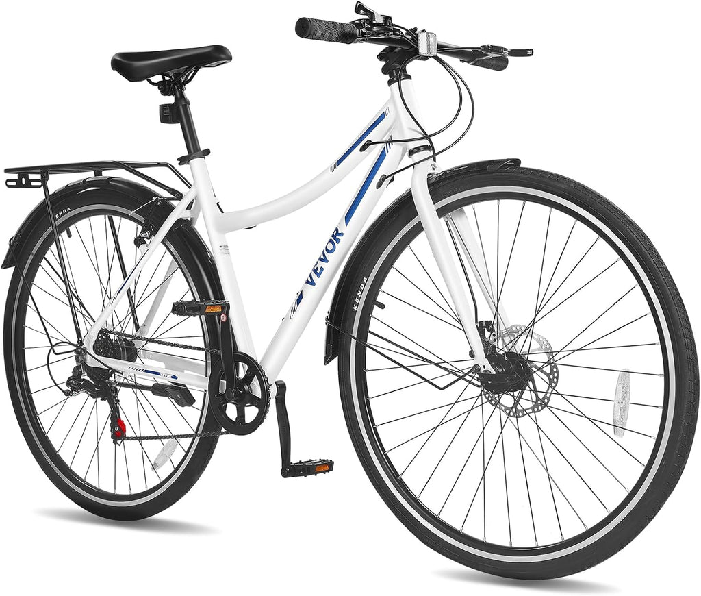 VEVOR Hybrid Bike, Lightweight Aluminum Frame Bike, 700c Wheel Men Women Hybrid Bicycle, Step-Over/Step-Through Adult Urban City Commuter Bikes, with 7/24 Speed, Alloy Adjustable Stem and Seat