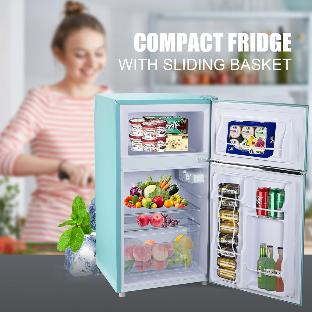 WANAI Compact Refrigerator 3.5Cu.Ft Classic Retro 2 Door Mini Fridge Adjustable Remove Glass Shelves Suitable for Dorm Garage and Office