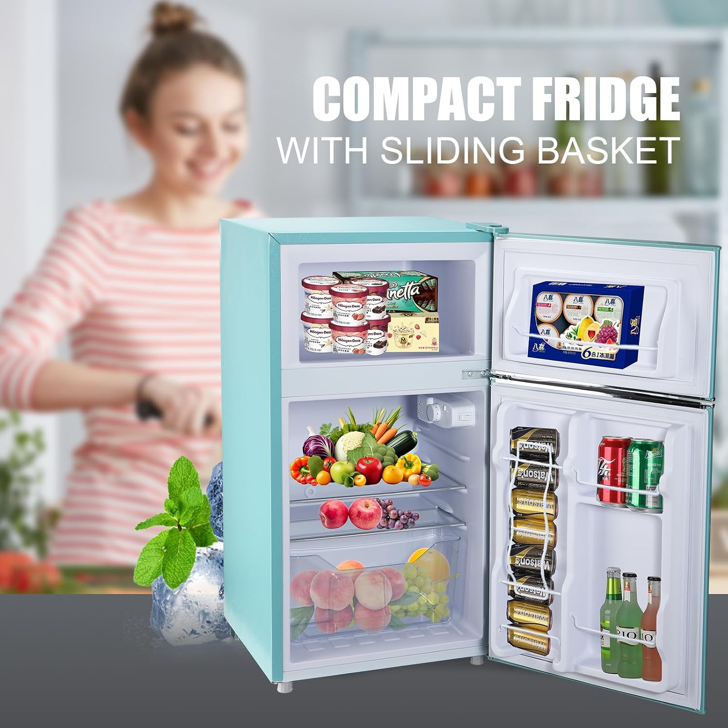 WANAI Compact Refrigerator 3.5Cu.Ft Classic Retro 2 Door Mini Fridge Adjustable Remove Glass Shelves Suitable for Dorm Garage and Office