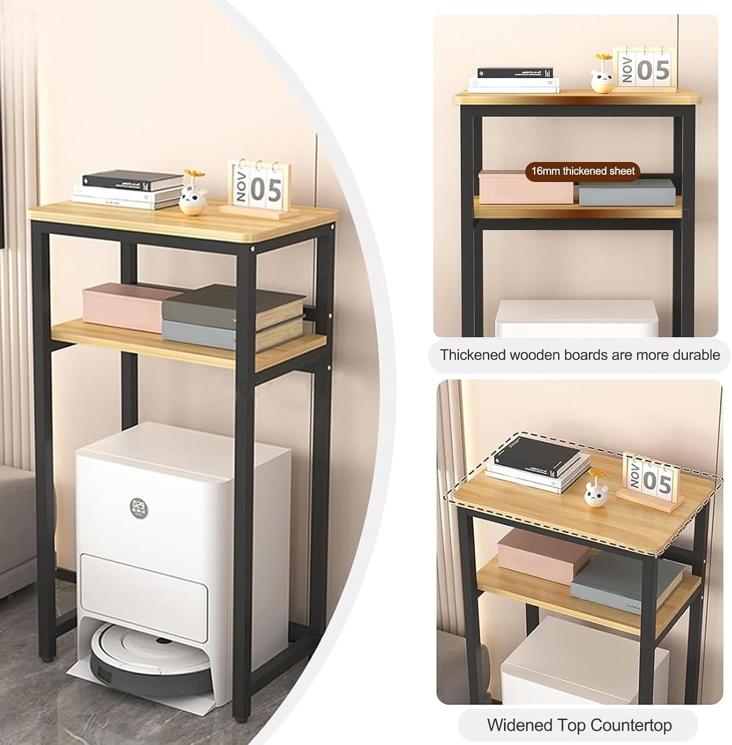 HARELA Sweeping Robot Storage Rack, Robot Vacuum Stand Cabinet with Open Base Self-Emptying Sweeper Machine Cabinet, Side Table for Living Room, Home Office(Black C,50x107cm/19.7x42.1in)