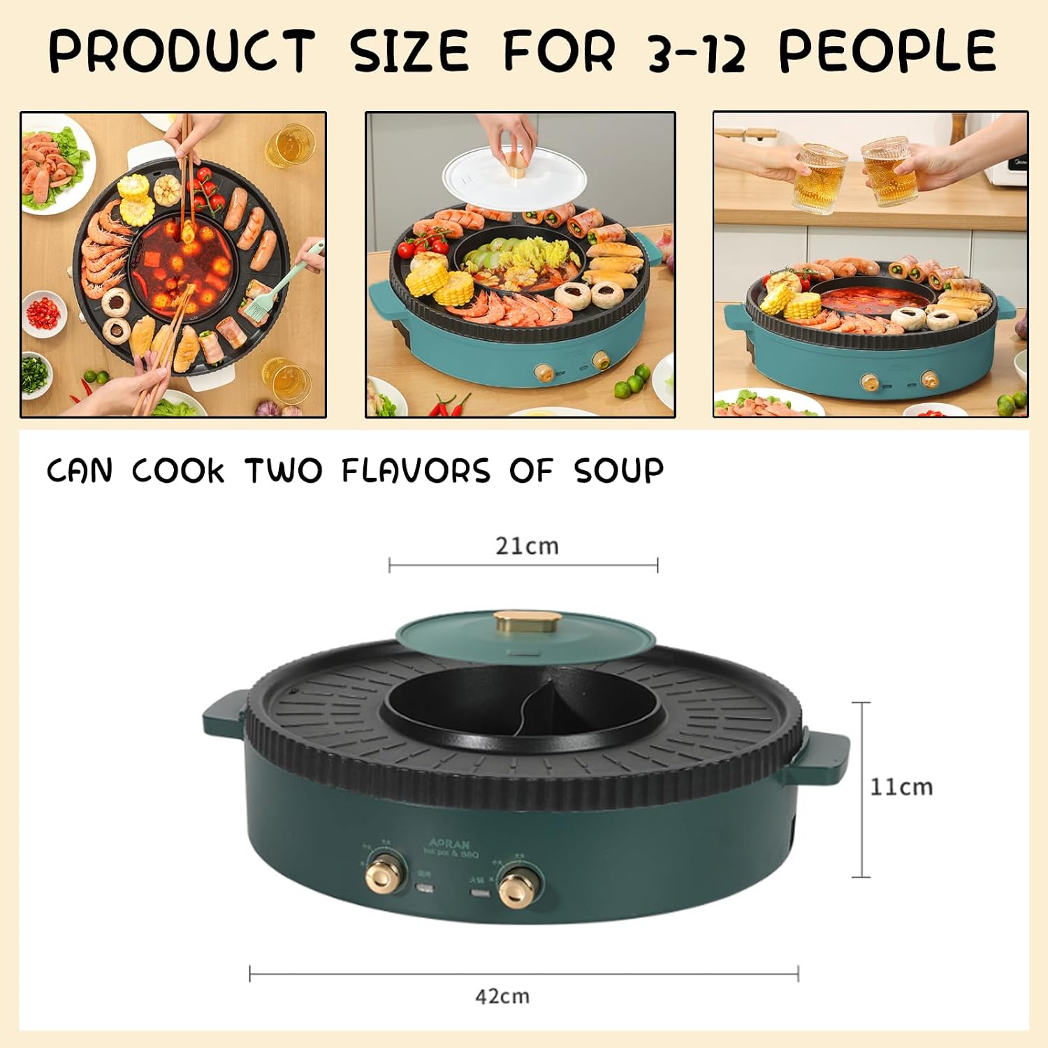 Household Electric Hot Pot with Grill, Teppanyaki Grill Pot and BBQ Pan, Independent Temperature Control, Non-stick Coating, Easy to Clean, For 3-12 People to Enjoy, 1700 W,A