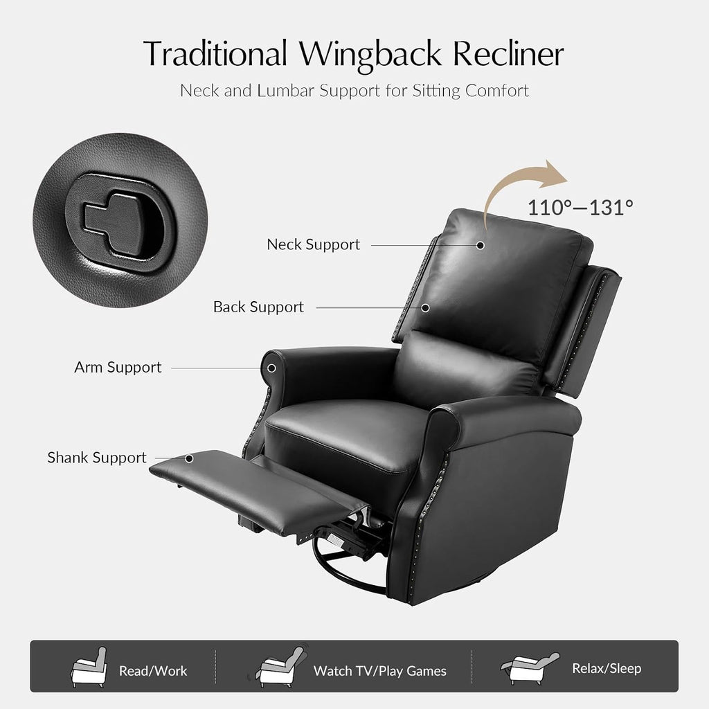 HULALA HOME Faux Leather Swivel Rocker Recliner with Adjustable Backrest and Footrest, Push Back Recliner Chair with Nailhead Trim, 360° Swivel Glider Rocking Chair for Living Room Bedroom, Black