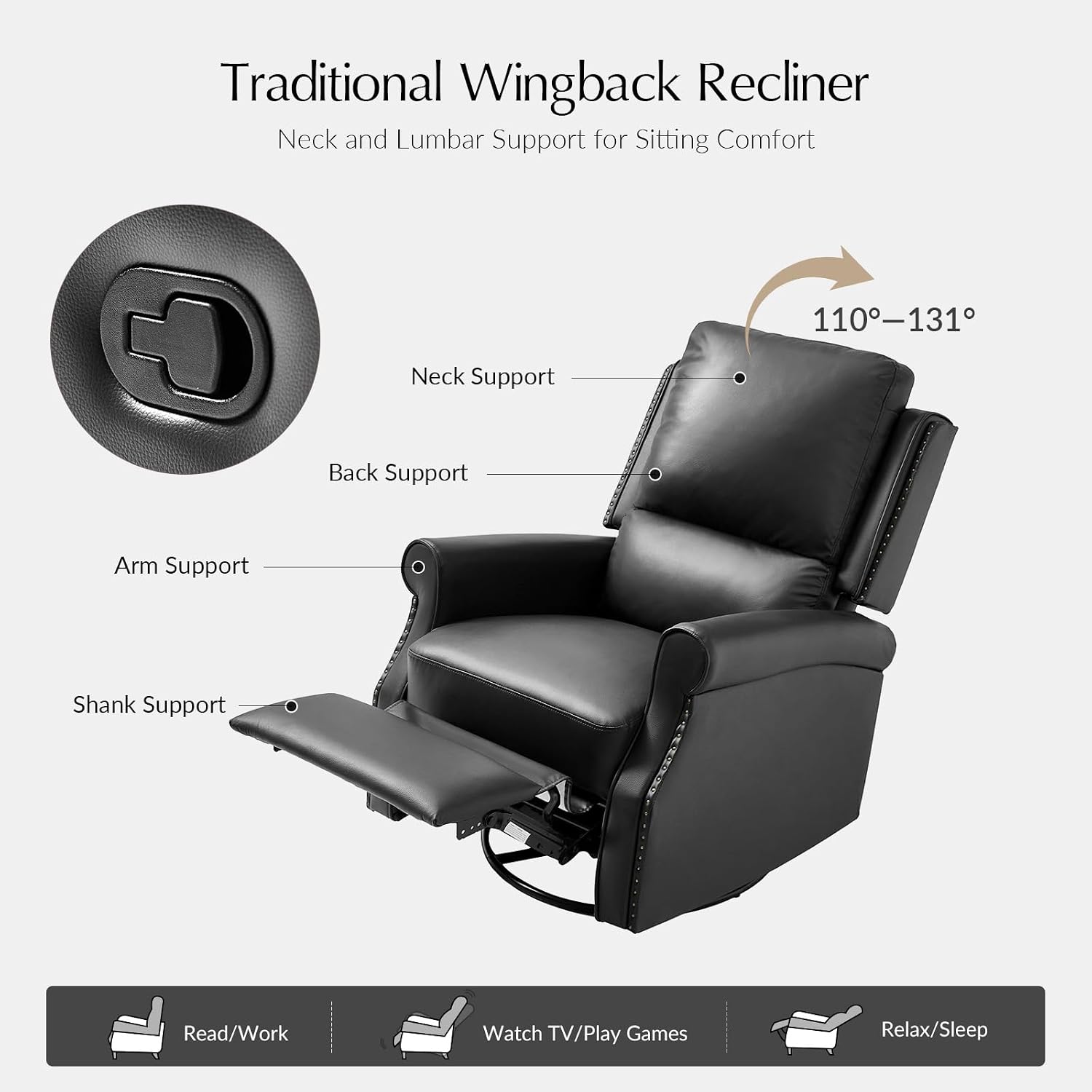 HULALA HOME Faux Leather Swivel Rocker Recliner with Adjustable Backrest and Footrest, Push Back Recliner Chair with Nailhead Trim, 360° Swivel Glider Rocking Chair for Living Room Bedroom, Black