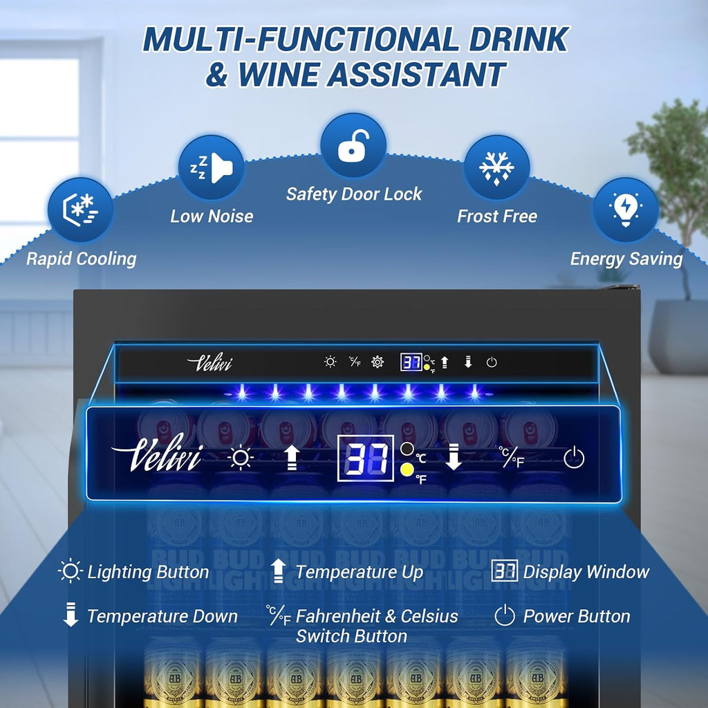 Velivi 24 Inch Beverage Refrigerator Under Counter, 24' Space Built-In Beer and Drink Fridge with Glass Door for Soda, Water, and Milk - For Kitchen, Bar or Office