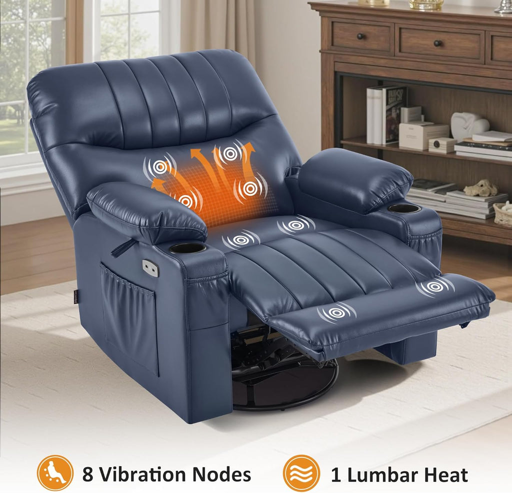 MCombo Oversized Swivel Glider Rocker Power Recliner Chair for Living Room with Heat and Vibration Massage, USB Ports, Cup Holders and Pockets, Faux Leather 7785 (Navy Blue)
