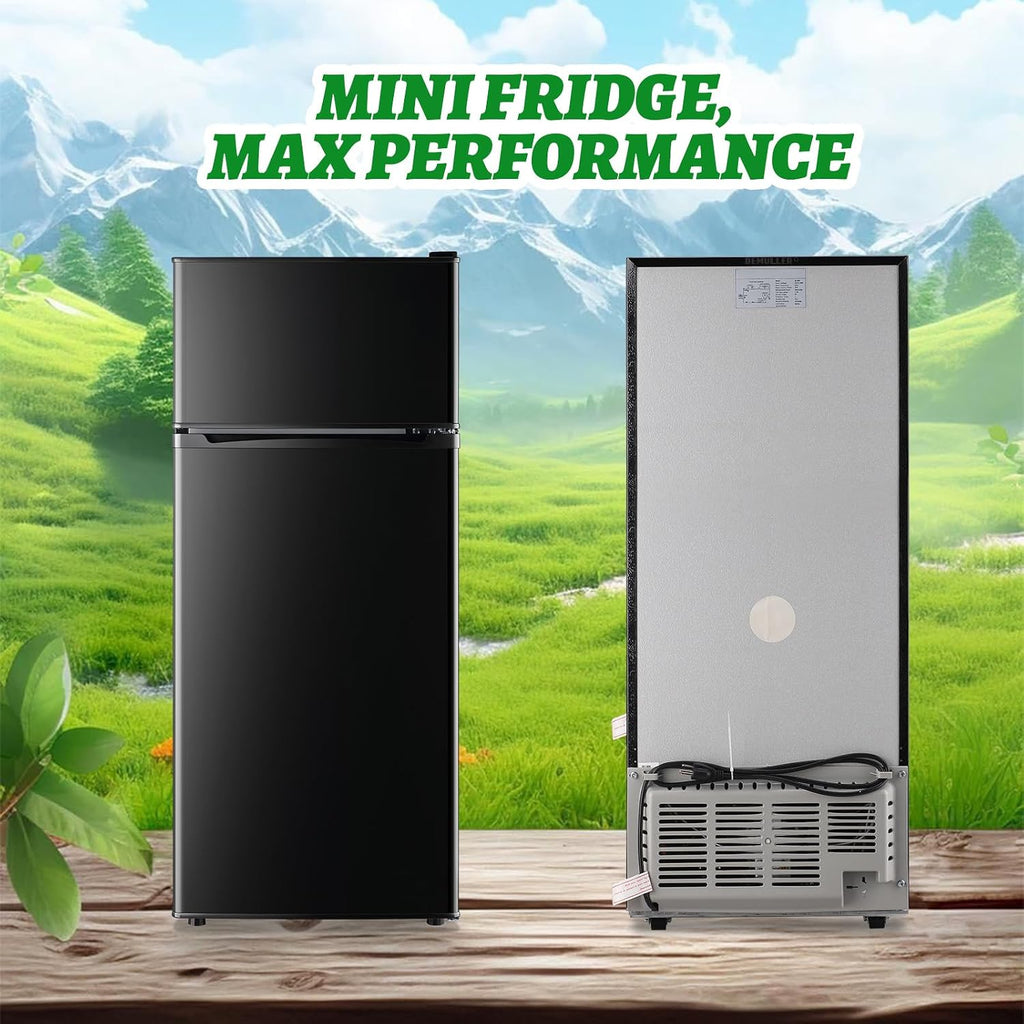 DEMULELR 4.5Cu.ft Small Mini Refrigerator with Freezer Black Two Door Mini Fridge with Crisper Drawer & Extra Drink Space, LED Light, Apartment Size Fridge for Dorm Office 17.5' W x 18.5' D x 43' H