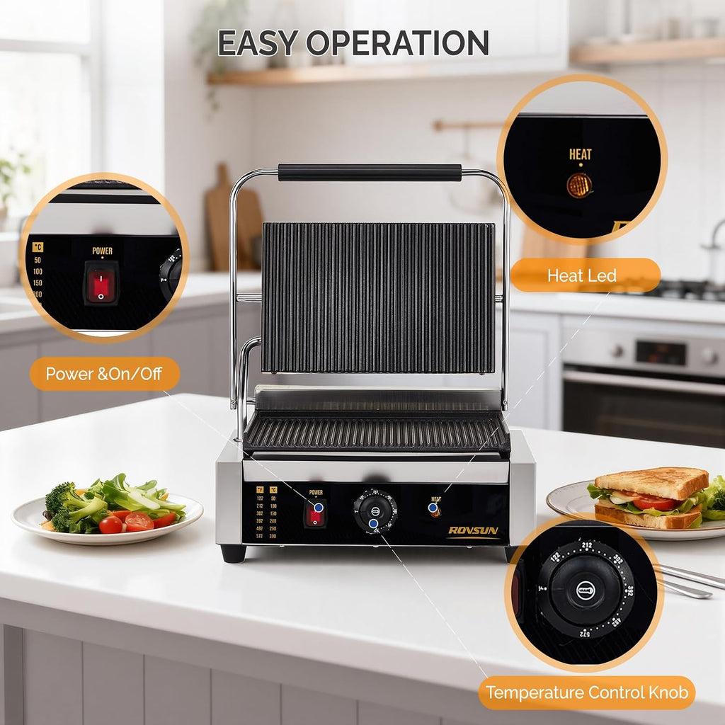 ROVSUN 811E Commercial Panini Press Grill, 2200W Stainless Steel Electric Countertop Sandwich Maker with Adjustable Temp 122°F–572°F, For Steak, Burgers, Home & Restaurant Use, 110V, Silver