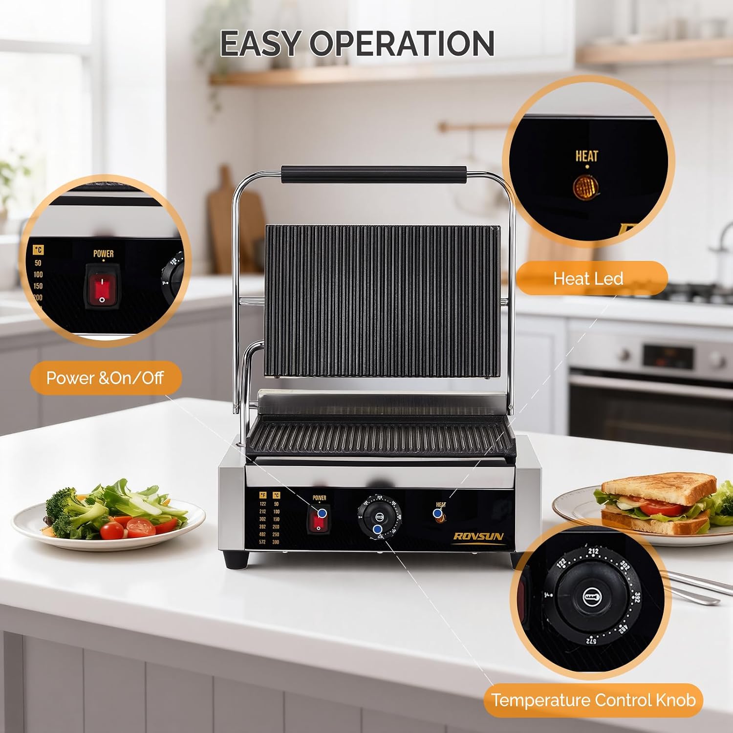 ROVSUN 811E Commercial Panini Press Grill, 2200W Stainless Steel Electric Countertop Sandwich Maker with Adjustable Temp 122°F–572°F, For Steak, Burgers, Home & Restaurant Use, 110V, Silver