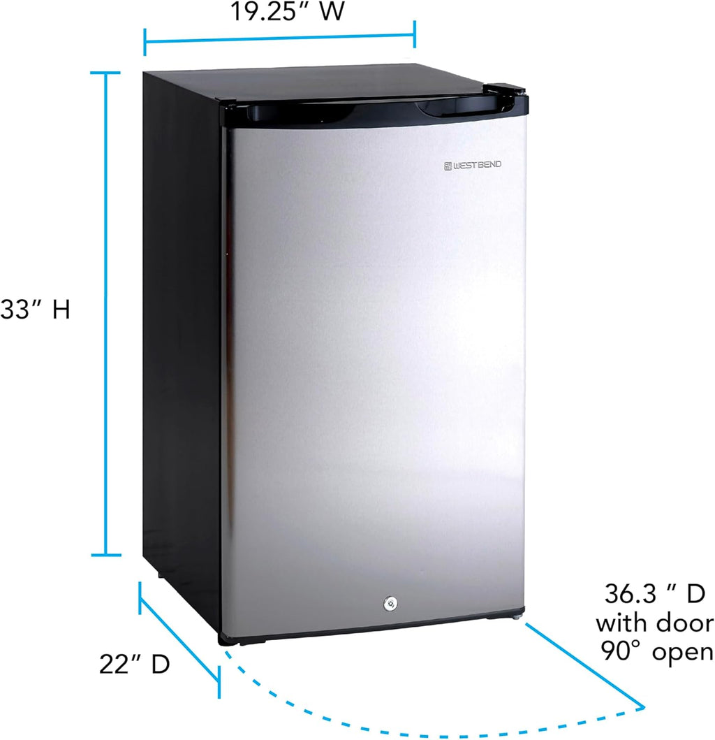 West Bend Mini Fridge Compact Refrigerator for Home Office or Dorm, Auto Defrost with Reversible Door, Energy Star Rated, 4.4-Cu.Ft., Stainless Steel