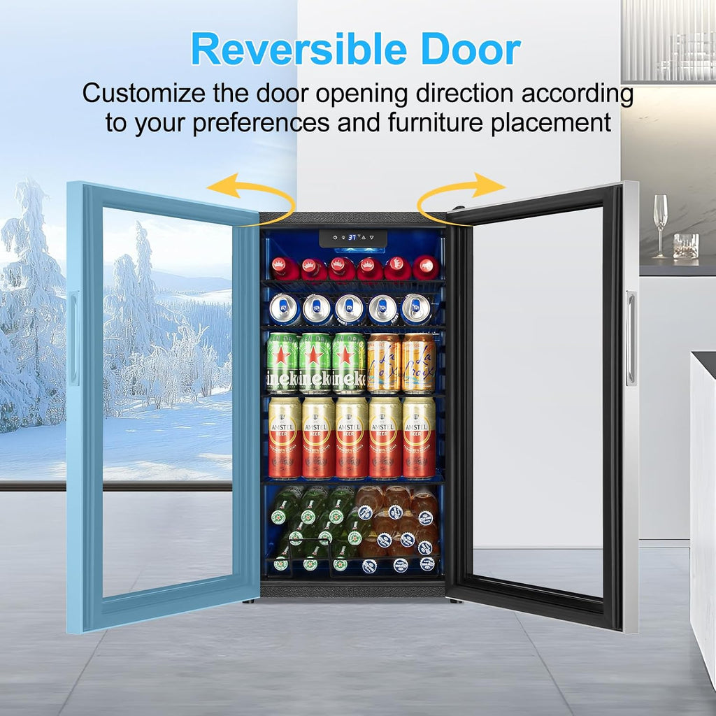 FoMup Beverage Refrigerator 126 Can, Mini Beverage Fridge Small Beverage Cooler Stainless Steel with Glass Door Safety Lock, Drink Fridge for Beer Soda Wine, Perfect for Dorm Office Hotel