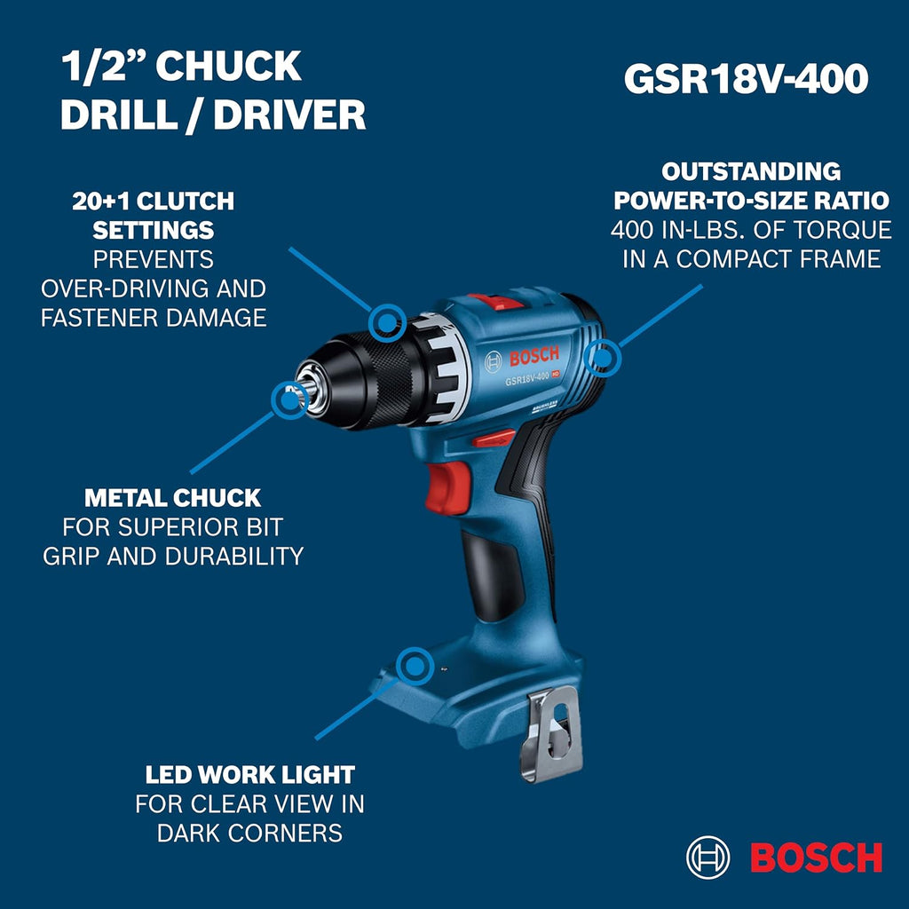 BOSCH GXL18V-27B22 Power Tool Combo Kit - 18V Brushless Compact 1/2 In. Cordless Drill Driver and 1/4 In. Hex Impact Driver (Includes: Two 2.0Ah Batteries, 18V Charger, and Carrying Tool Bag)