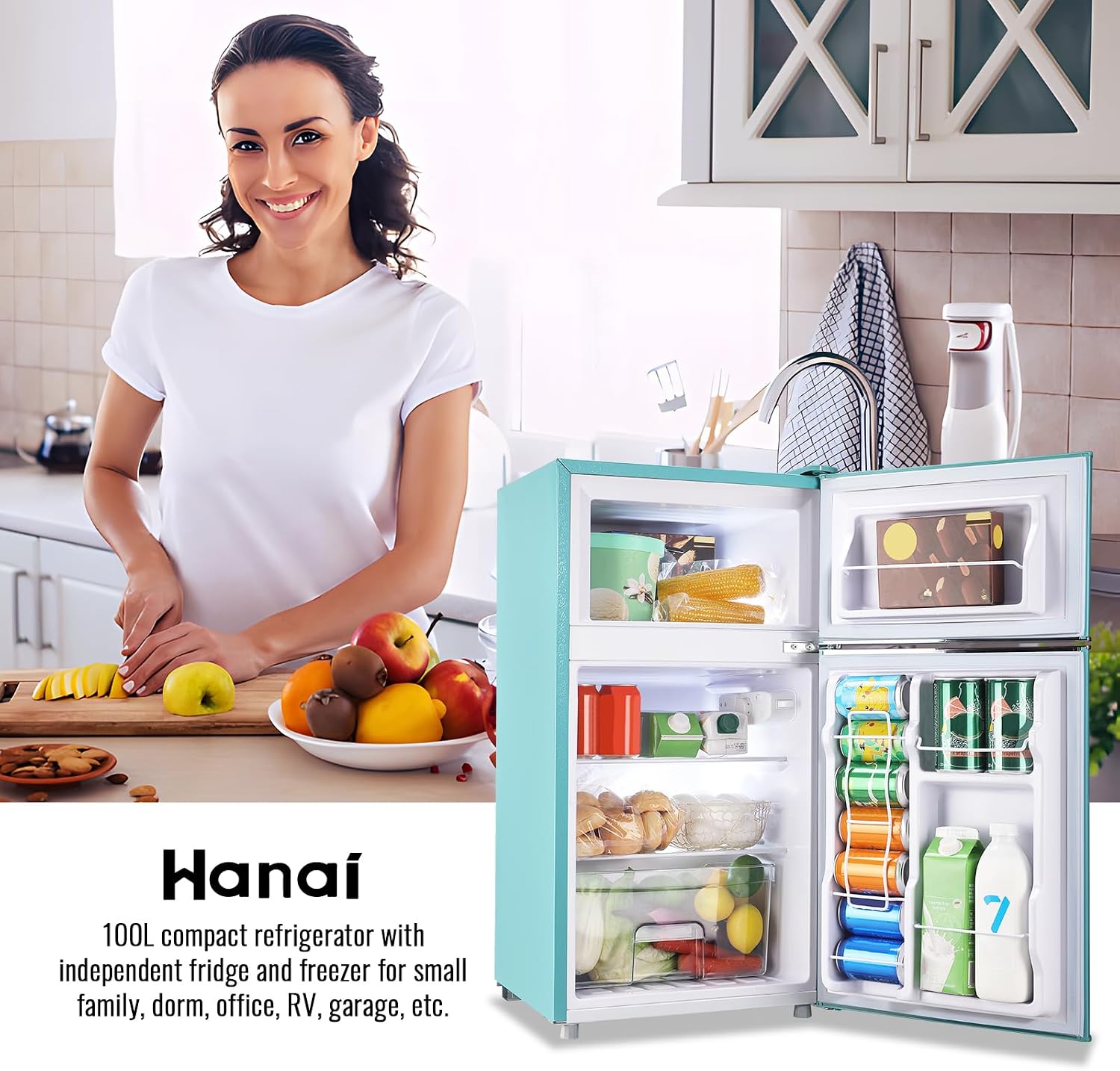 WANAI 3.5 Cu.ft Refrigerators Full-sized Fridge with Freezer Handles Blue Fridge Dual Door Classic Retro Refrigerator Removable Glass Shelves Adjustable Thermostat for Home Office Dorm RV