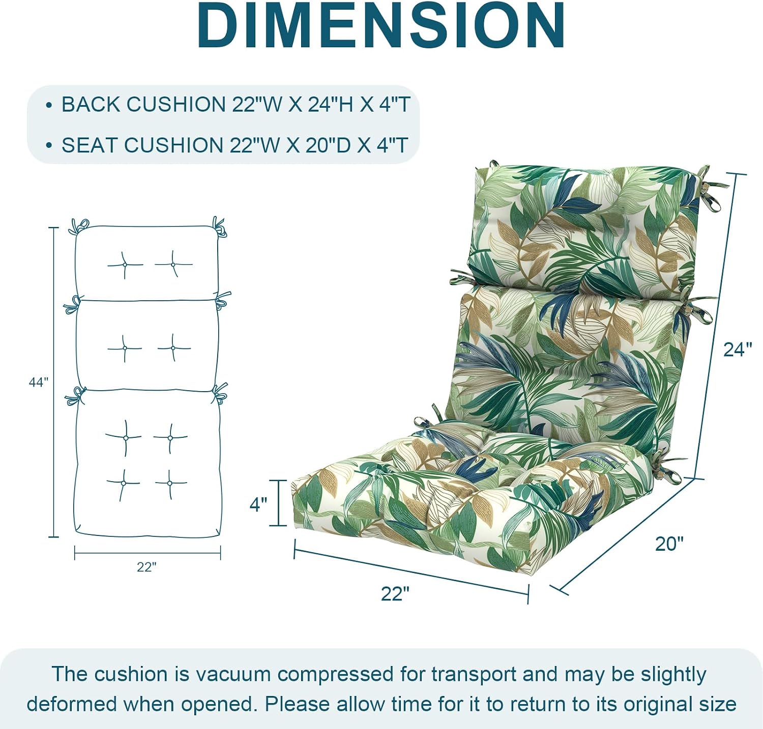 DYTXIII Outdoor High Back Chair Cushions Set of 2, Water Repellent Tufted Rocking Seat Cushions Replacement 44 x 22 Inch, Seat & Back Chair Pads for Patio, Balcony and Indoor Use -Lush Leaf Green