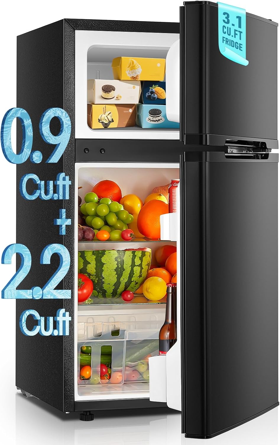 Mini Fridge with Freezer for Bedroom, 3.1 Cu.ft Double Doors Small Refrigerator with Ice Tray, Removable Shelves, Temperature Control Mini Refrigerator for Dorm and Office