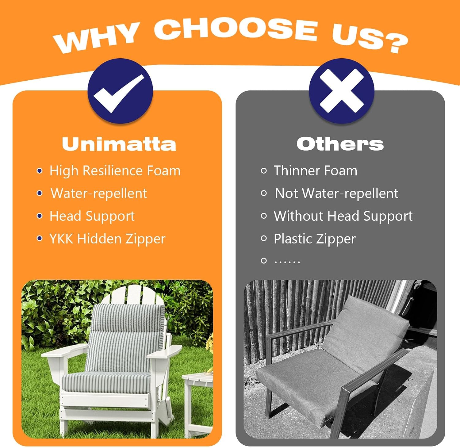 Unimatta Outdoor High Back Chair Cushion Seat Pads, 44 x 21 Inch Water-Repellent & Fade-Resistant Patio Furniture Cushions with Ties for Adirondack, Rocking Chairs, Black and White