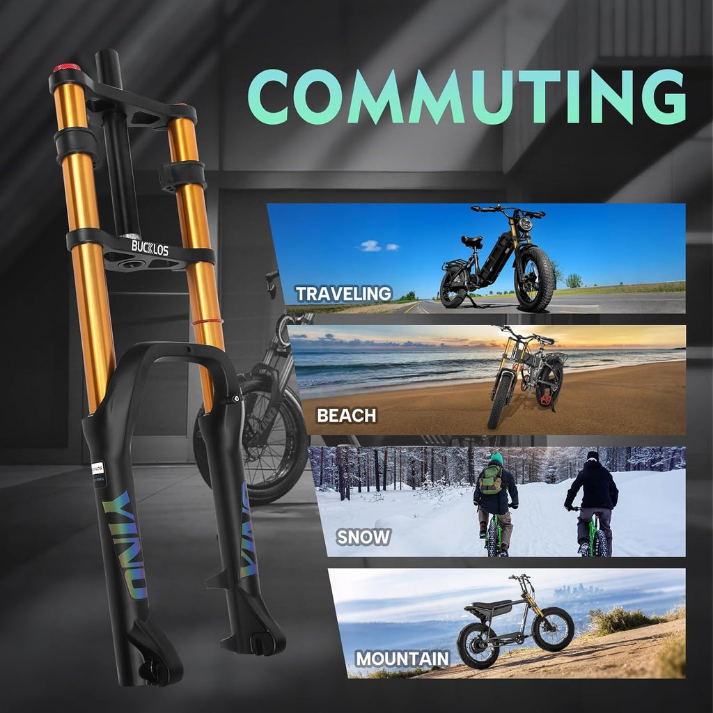 BUCKLOS 20 inch 4.0 Fat Tire E-Bike Air Suspension Fork, 180mm Travel Spacing Hub 135mm Straight Tube MTB Manual Lockout 9mm QR Mountain Bike Double Shoulder Electric Bicycle Front Forks Snow Beach