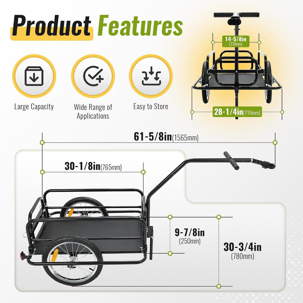 Kojem Foldable Bike Cargo Trailer, Heavy-Duty Storage Bicycle Trailer 110 lbs Capacity, 16IN Wheel Bike Wagon Cart, with Universal Hitch and Foldable Frame, Fit for Pet, Shopping, Park Picnics
