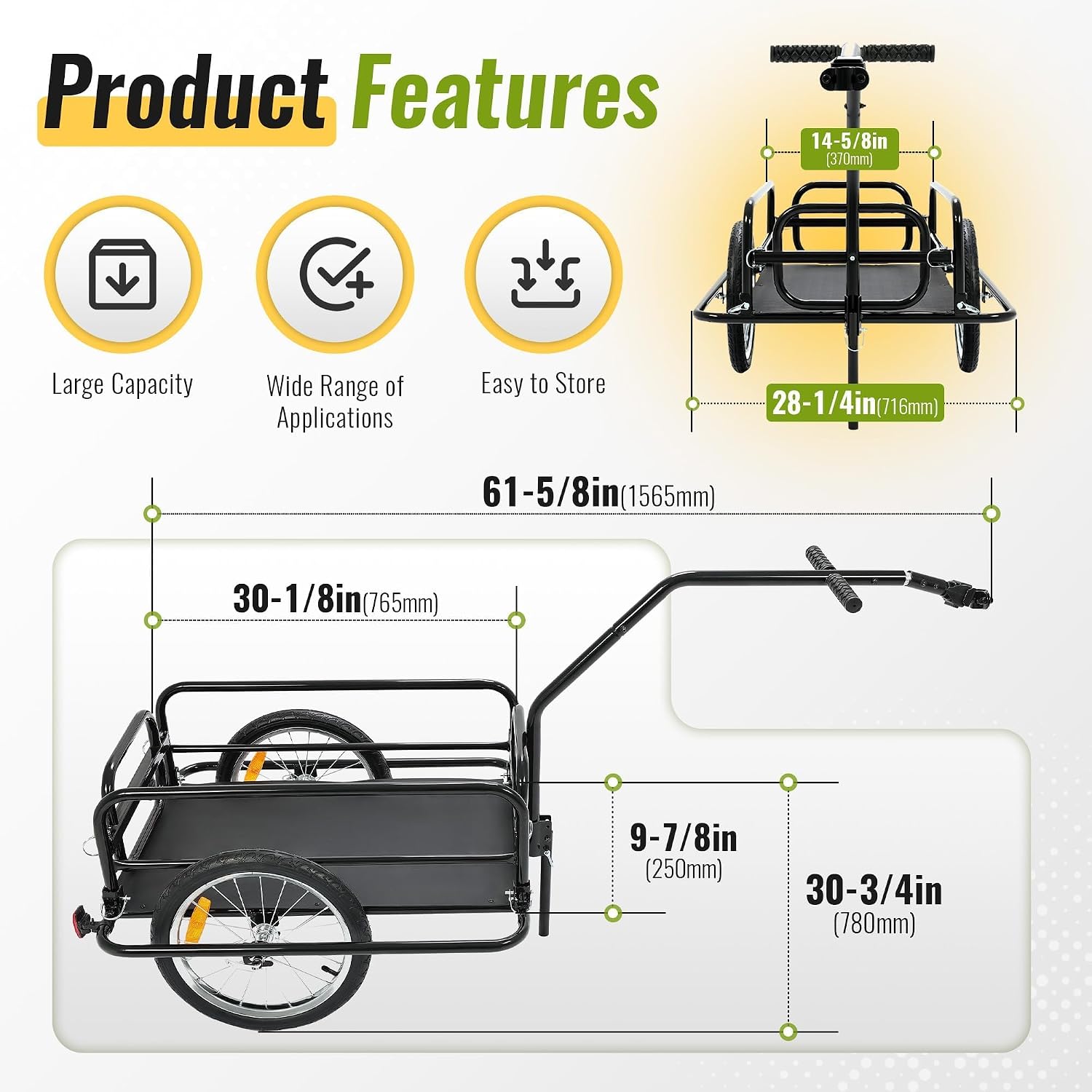 Kojem Foldable Bike Cargo Trailer, Heavy-Duty Storage Bicycle Trailer 110 lbs Capacity, 16IN Wheel Bike Wagon Cart, with Universal Hitch and Foldable Frame, Fit for Pet, Shopping, Park Picnics