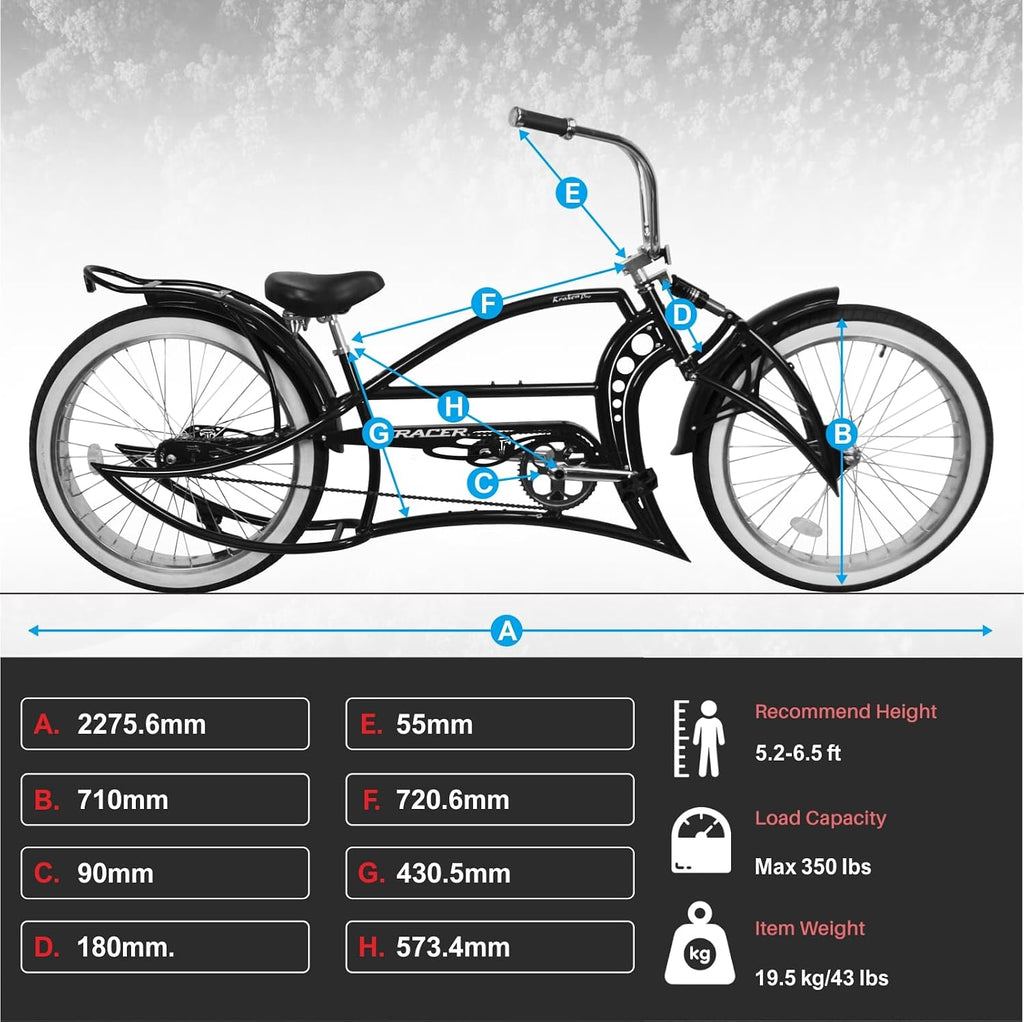 Tracer KRAKER PRO 26 Inch Stretch Chopper Bicycle for Adult,Single Speed Men Lowrider Bike with Oversized Hi-Ten Stretch Steel Frame,Front Wheel 26 * 3.5,Rear Wheel 26 * 4.0 Multiple Colors