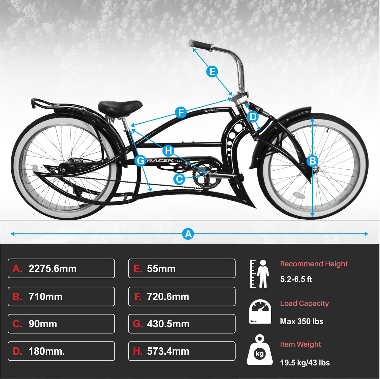 Tracer KRAKER PRO 26 Inch Stretch Chopper Bicycle for Adult,Single Speed Men Lowrider Bike with Oversized Hi-Ten Stretch Steel Frame,Front Wheel 26 * 3.5,Rear Wheel 26 * 4.0 Multiple Colors